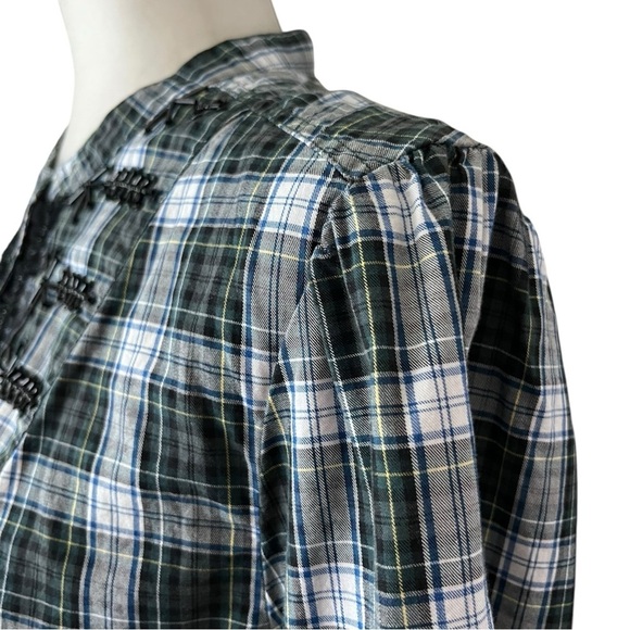 J.Crew Blue Green Tartan Plaid Button Down Top Size Large Ruffled Beaded Blouse - Picture 8 of 14